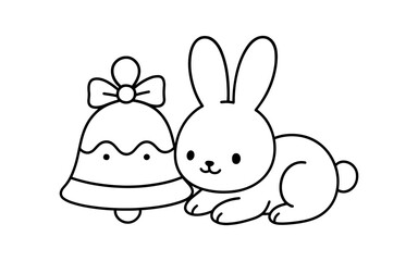 Fototapeta premium Cute bunny with christmas bell outline in minimalistic line art style
