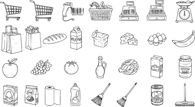 Supermarket and Grocery Shopping Icons Set in Hand-drawn Black and White Line Art Style. Collection of Retail Store Items, Food Products, Shopping Carts, Cash Registers, and Household Goods.