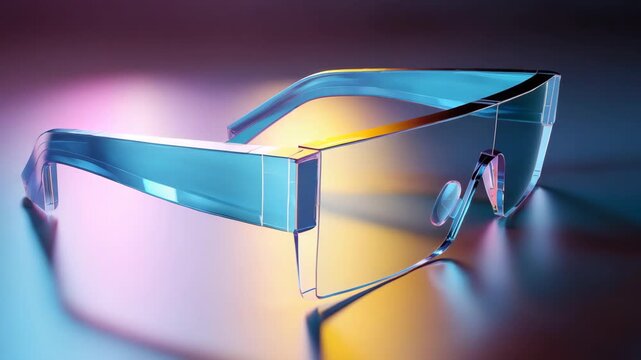 Futuristic Eyewear with Transparent Frames Displayed on Reflective Surface Under Neon Lighting in Blue Pink and Yellow Creating an Abstract and Modern Aesthetic
