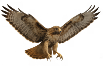 Red-tailed hawk with wings spread flying, a powerful bird of prey in predatory action on transparent background