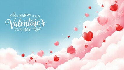 Happy valentine's day hearts floating on pink clouds and blue sky