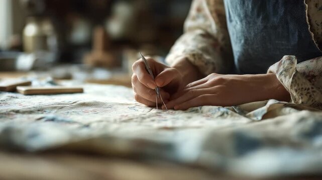 A person carefully stitches fabric by hand, highlighting the artistry and patience of textile work. The scene captures the essence of slow fashion and sustainable handmade creation