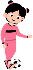 Girl with black pigtails wearing pink long sleeve jersey doing inside foot pass, step 3 soccer illustration. Editable Color Vector