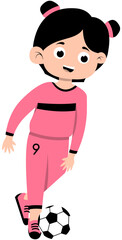 Girl with black pigtails wearing pink long sleeve jersey doing inside foot pass, step 1 soccer illustration. Editable Color Vector