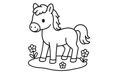 Fototapeta premium Cute outline of a pony with flowers for kids' coloring activities