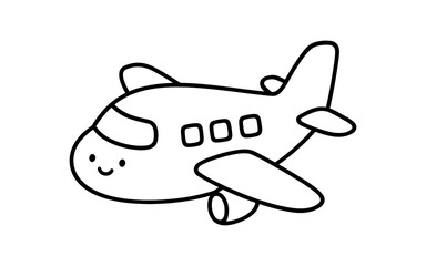 Cute cartoon airplane line art with smiling face for kids coloring