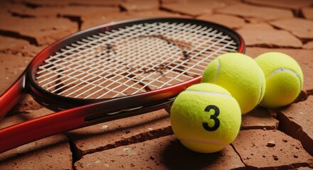Tennis Equipment Yellow Balls and Racket Resting on Cracked Brown Bricks on Dry Ground Outdoors in Sunlight Ready to Play Active Sport on Sunny Day