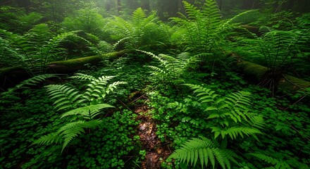 Obraz premium Lush Green Ferns Thriving in a Vibrant Forest Environment.
