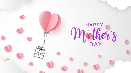 Happy mother's day paper art with heart balloon and gift box.