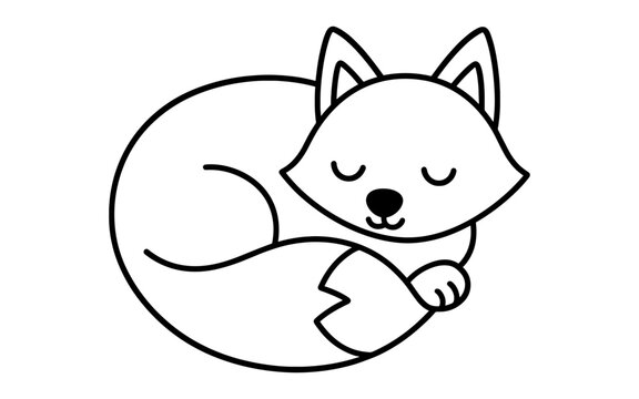 Cute sleeping fox illustration in simple black and white outline style