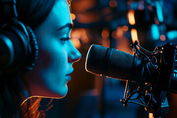 Professional sound engineer adjusting audio mixer in music production studio with vibrant neon lights generative ai