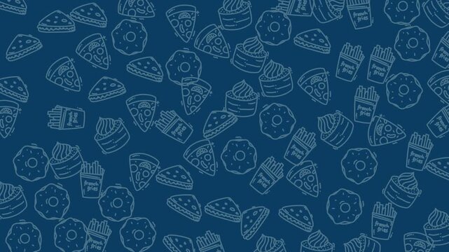 Seamless pattern featuring various junk food doodles on a blue background. Suitable for foodthemed designs, packaging, and decorations.