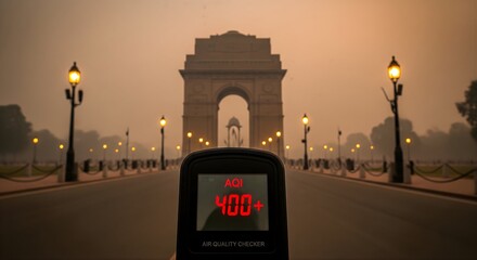 Elevated Air Quality Index of 400 Plus Displayed On Air Quality Checker Device In Front of India Gate Monument Due To Heavy Smog Air Pollution In New Delhi India