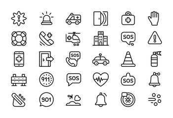 Emergency safety and rescue service line icon collection for alerts and protection