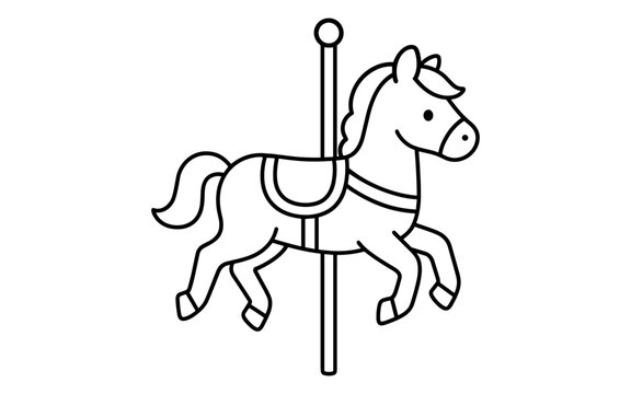 Playful carousel horse in minimalistic black and white linear art
