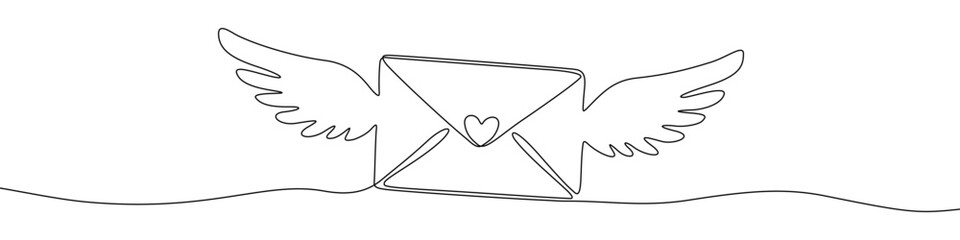 Naklejka na ściany i meble Envelope with wings and a small heart. One line drawing for love letters, romantic messages, and fast delivery. Vector illustration on white.