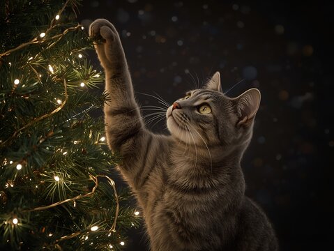 Ultra-realistic grey tabby cat reaching toward a glowing Christmas tree branch, golden fairy lights reflecting in its curious eyes, cozy dark background with soft festive bokeh.