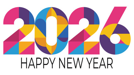 Colorful 2026 Happy New Year geometric typography design in vibrant modern style, perfect for holiday greetings, festive banners, celebration cards and posters © Mushtaq