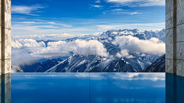 Experience breathtaking views of majestic mountains and dramatic clouds through expansive windows that enhance the stunning landscape