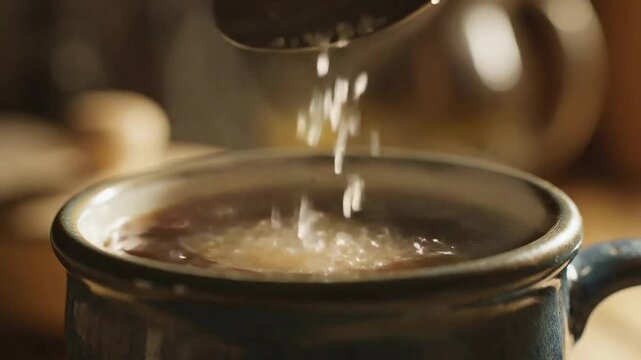 Adding Sugar to Hot Coffee Drink Preparation Close Up