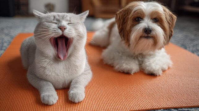 Cat yawning on yoga mat with dog