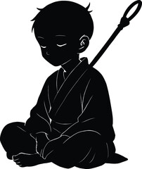 A silhouette of a young boy sitting with a staff over his shoulder