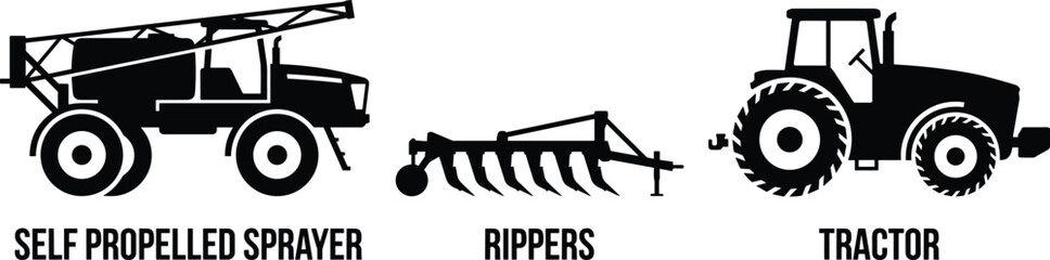 Agricultural machinery silhouettes, self propelled sprayer, rippers, tractor, farm equipment icons, black vector illustration, farming tools, field operations, agriculture © Aminul