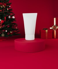 White Cosmetic Tube on Red Pedestal with Christmas Decorations