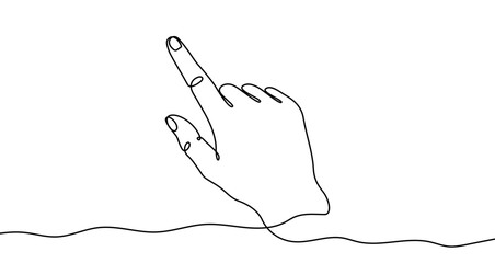 Drawing of a hand with the index finger pointing up in one line art style. Tapping gesture illustration with editable stroke. Vector illustration.