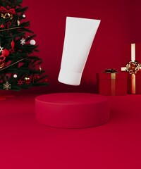 Festive Cosmetic Tube on Red Pedestal with Holiday Decor