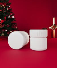 Christmas White Cosmetic Jars on Red Background with Christmas Decor