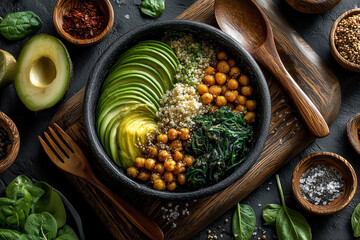 Nutritious vegan buddha bowl with sliced avocado and chickpea protein on rustic wooden board for healthy diet plan.