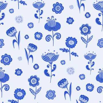 White blue folk flower background, a whimsical botanical seamless pattern, a funky floral variation on a white background