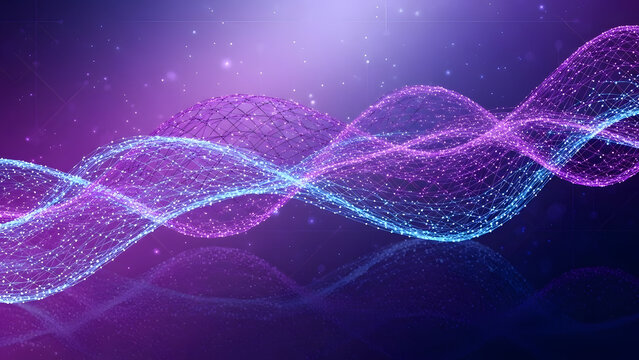 Dynamic abstract wave structure with glowing particles and connected lines on radiant background for modern data