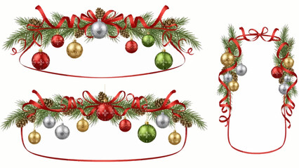 Elegant Christmas ornament arrangements with vibrant red ribbon, pine cones, and colorful baubles for festive holiday designs and seasonal decorations