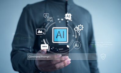 person using a smartphone with floating AI icons, representing artificial intelligence, machine learning, automation, digital innovation, smart technology, and advanced command-driven systems.
