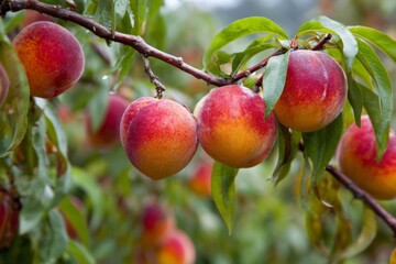 Obraz premium Fresh ripe peaches growing on fruit tree branch
