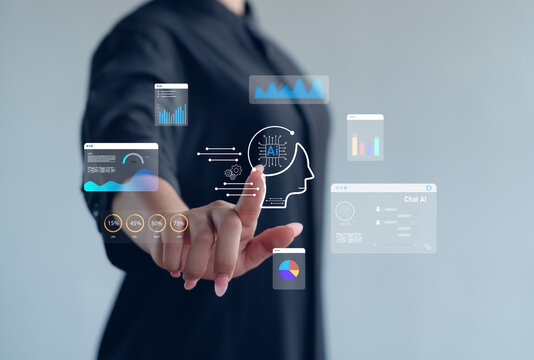 Artificial intelligence data analytics concept with hand interacting with virtual AI interface and dashboard charts, digital transformation, smart technology and business innovation.