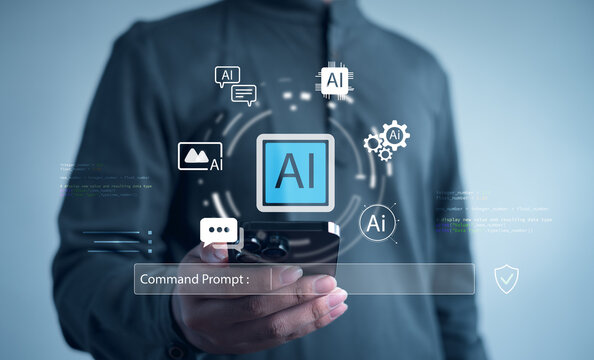 person using a smartphone with floating AI icons, representing artificial intelligence, machine learning, automation, digital innovation, smart technology, and advanced command-driven systems. - Powered by Adobe