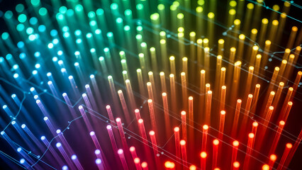 Vibrant spectral rods arranged in a network pattern create a dynamic visual display suggesting connectivity and