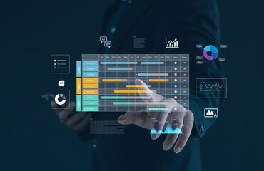 Digital project management dashboard with Gantt chart, analytics, and AI-driven data visualization showing workflow planning, progress tracking, efficient task coordination for modern business teams.