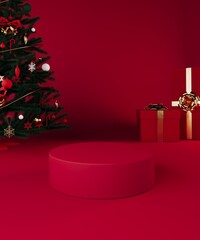 Festive Red Christmas Podium with Tree and Gifts for Product Display