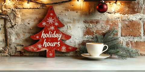 Vintage Brick Wall Holiday Hours Sign with Coffee, Festive Promotion Poster & Banner Design, Cozy Holiday Atmosphere, Suitable for Cafe In-Store Scenes