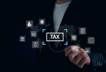 Digital tax concept showing financial icons and global elements as a person highlights the word TAX, representing online taxation, financial management, accounting, and modern tax technology.