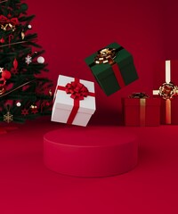 Festive Christmas Display with Red Podium and Floating Gifts
