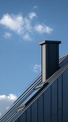 Obraz premium Gray Metal Roof and Chimney Against a Bright Blue Sky with Scattered Clouds at Daytime Exterior Architecture Minimalist Design Building Top View Sunny Day