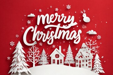 Merry christmas paper art winter village greeting card