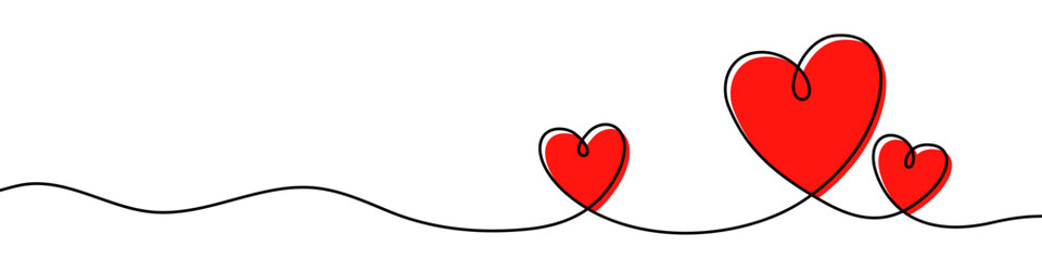 Continuous line forming three red hearts of different size in one line art style. Figure sketch with editable black stroke on white background. Vector illustration.