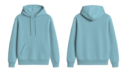 Soft Blue Hoodie Mockup Front and Back View on Transparent Background