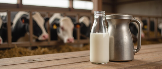 Fresh milk in glass bottle and metal pitcher on wooden table, with cows in background. scene captures rustic dairy farm atmosphere